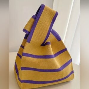 Fashion Knitted Tote Bag, yellow w/ purple stripes